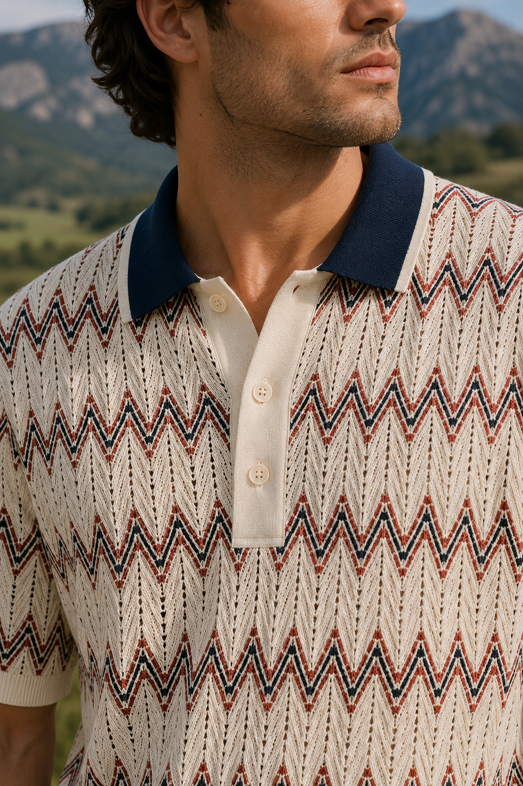 Men's Ivory Regular Fit Chevron Textured Knit Polo T-Shirt