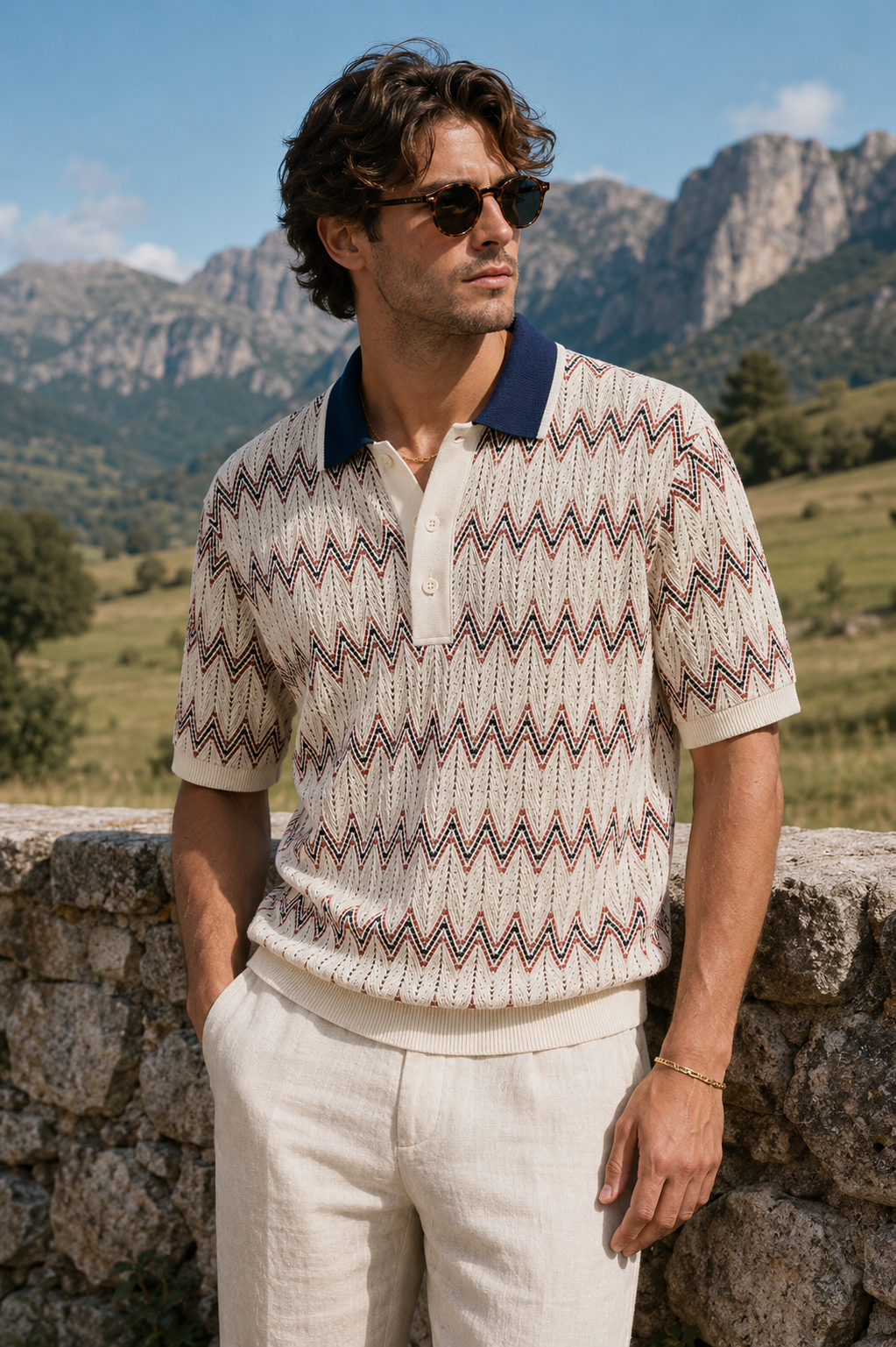 Men's Ivory Regular Fit Chevron Textured Knit Polo T-Shirt