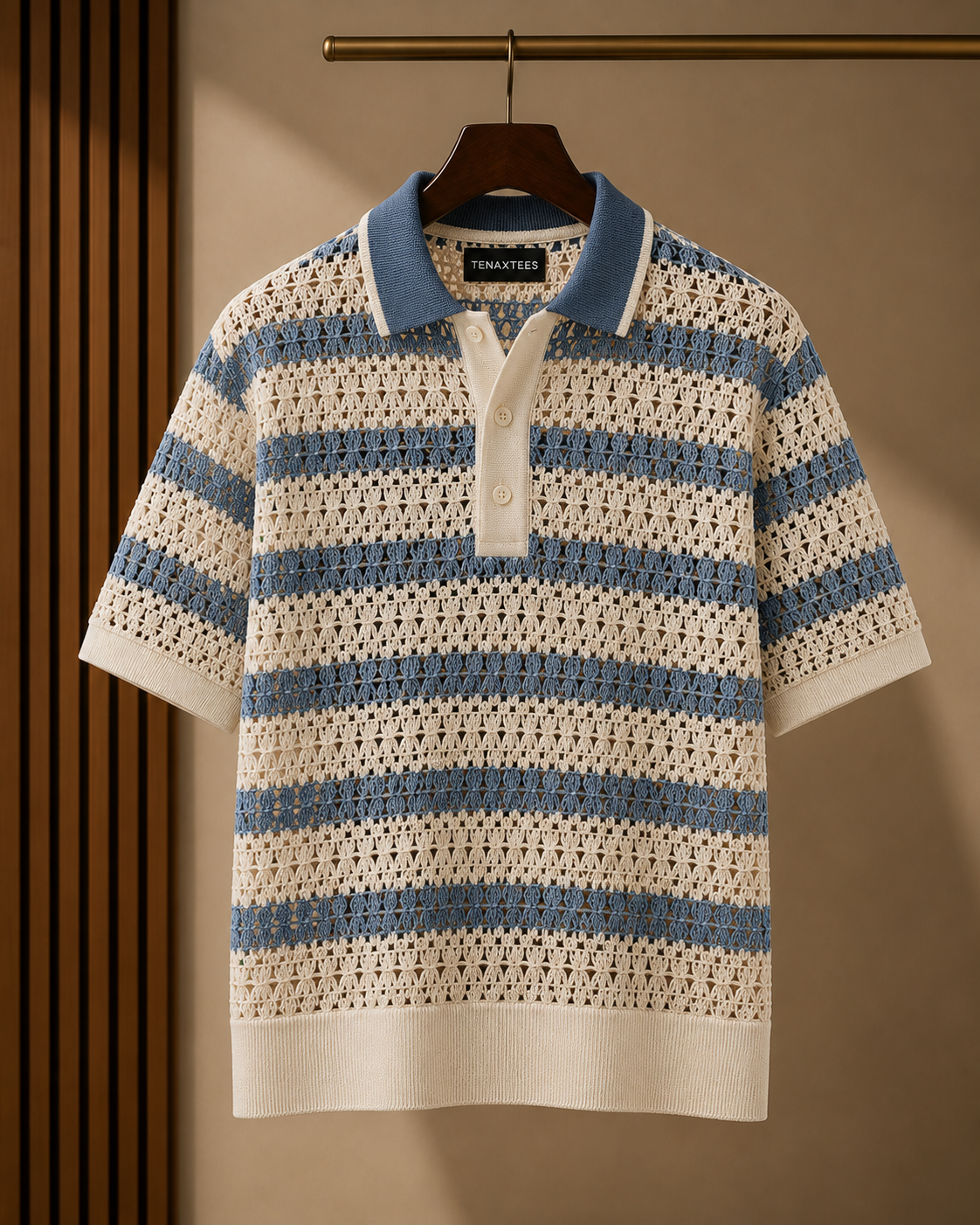 Men's Blue Regular Fit Textured Striped Knit Polo T-Shirt