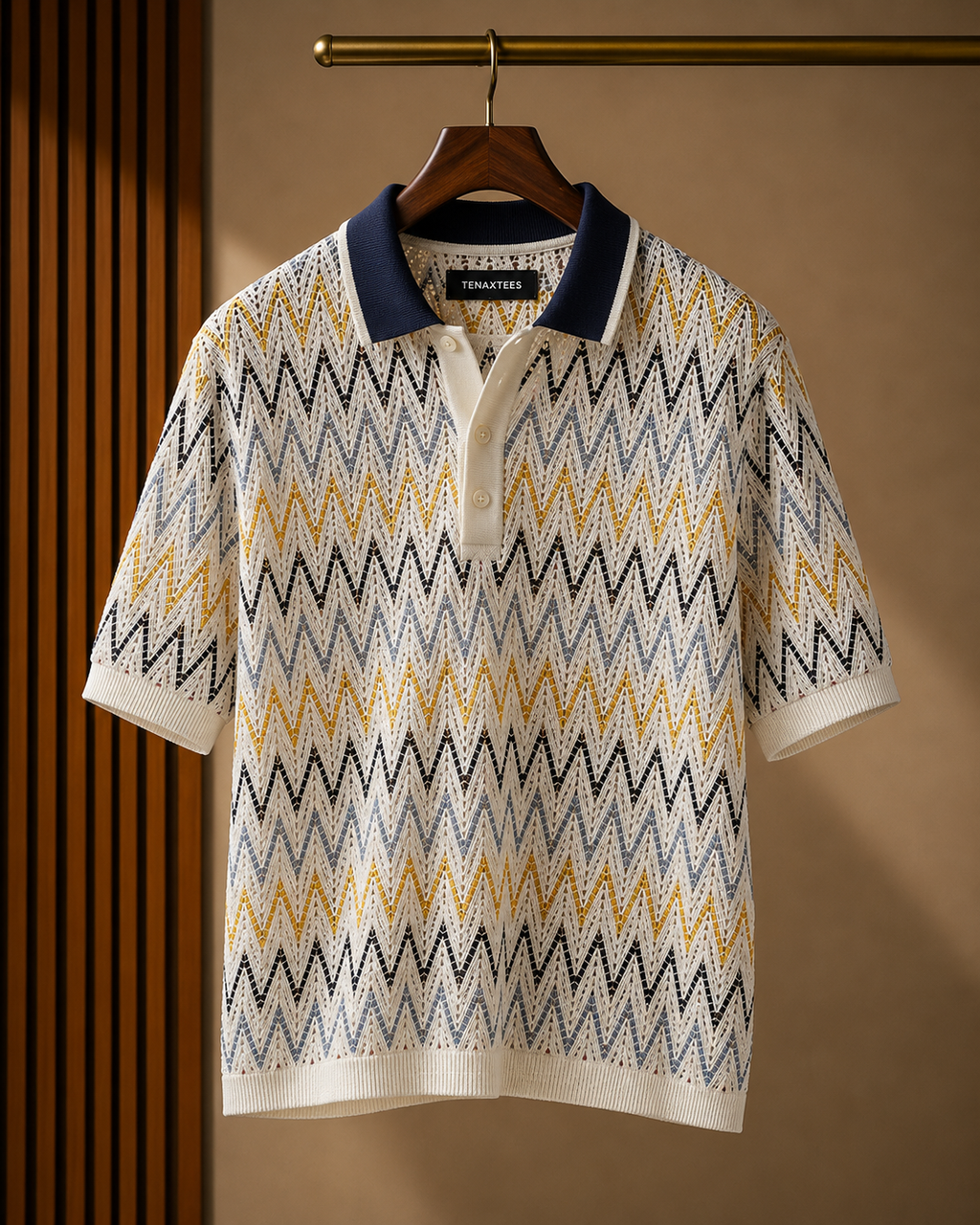 Men's Cream Regular Fit Zigzag Textured Knit Polo T-Shirt
