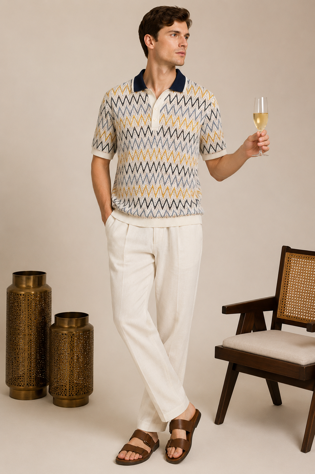 Men's Cream Regular Fit Zigzag Textured Knit Polo T-Shirt