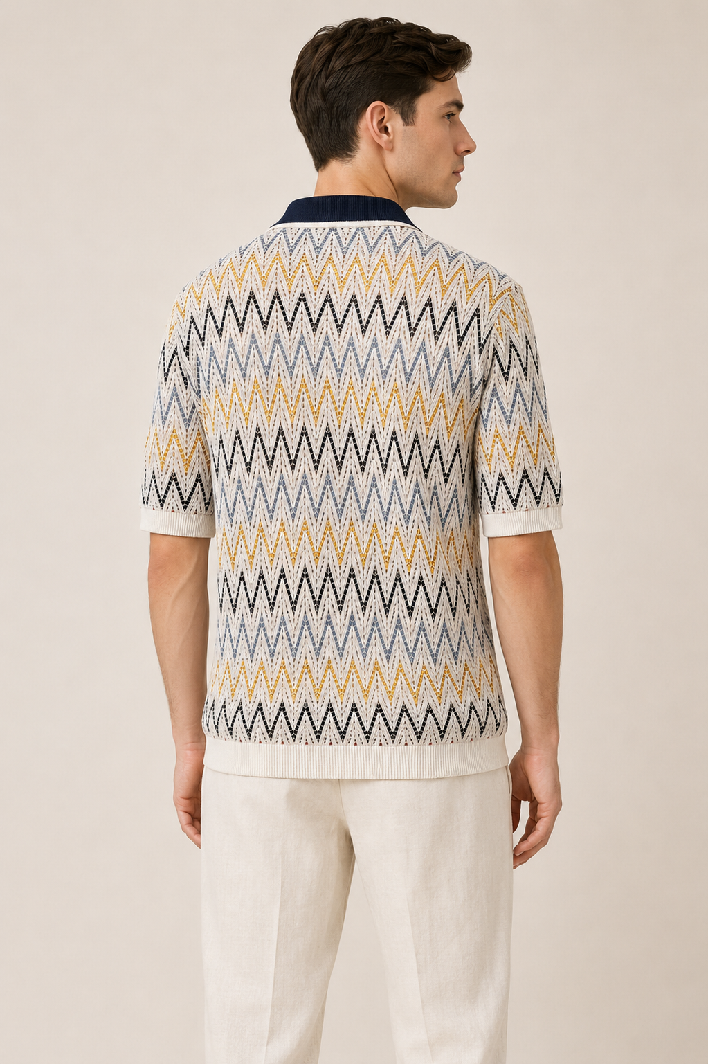 Men's Cream Regular Fit Zigzag Textured Knit Polo T-Shirt
