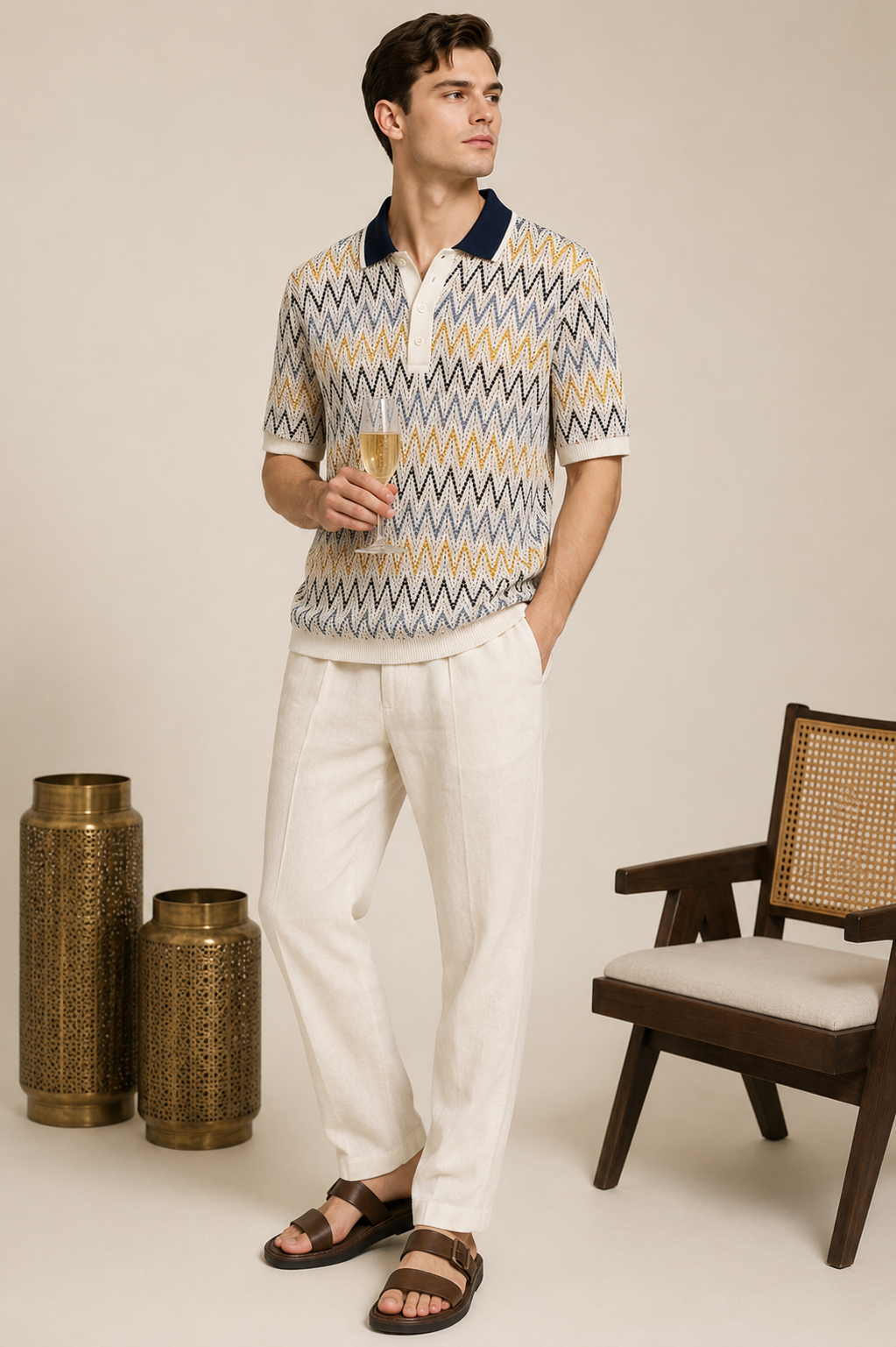 Men's Cream Regular Fit Zigzag Textured Knit Polo T-Shirt