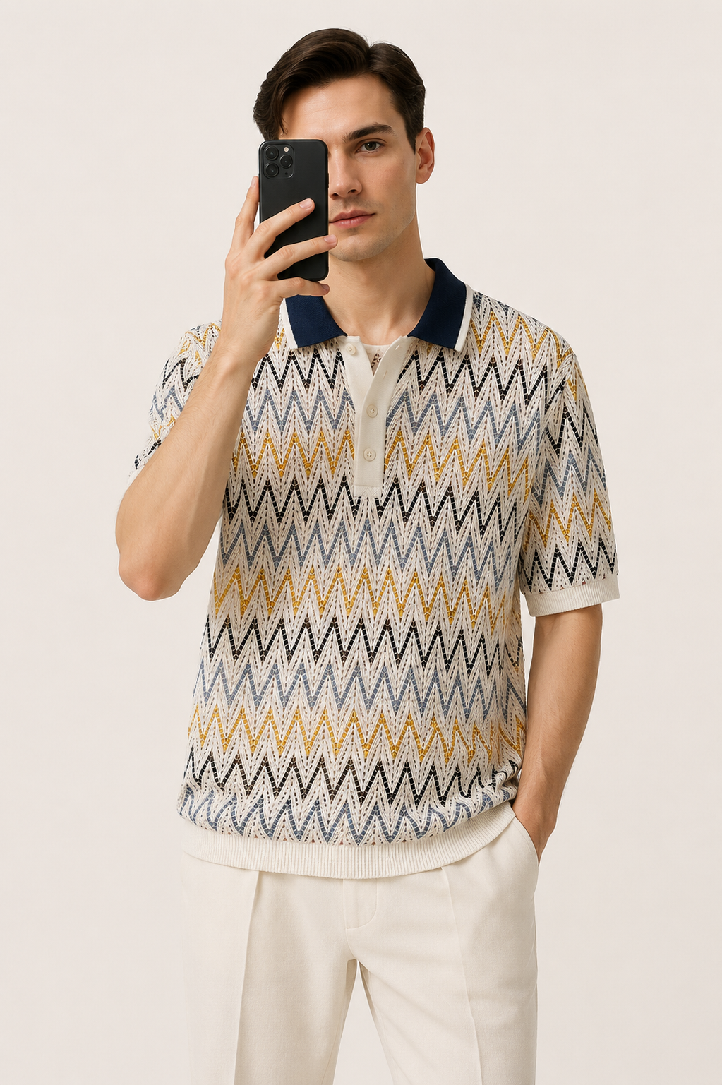 Men's Cream Regular Fit Zigzag Textured Knit Polo T-Shirt