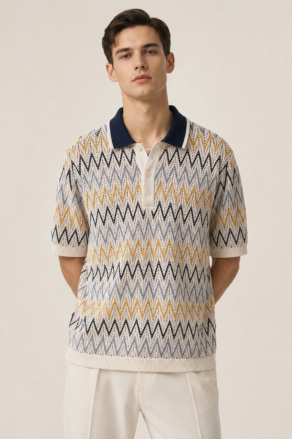 Men's Cream Regular Fit Zigzag Textured Knit Polo T-Shirt