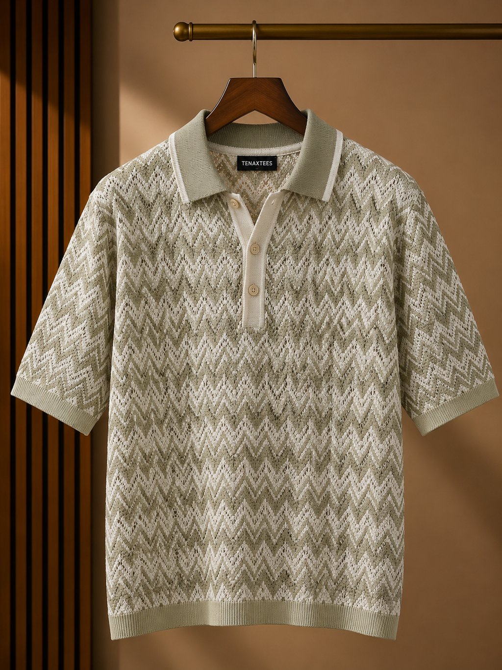 Men's Sage Green Regular Fit Textured Knit Polo T-Shirt