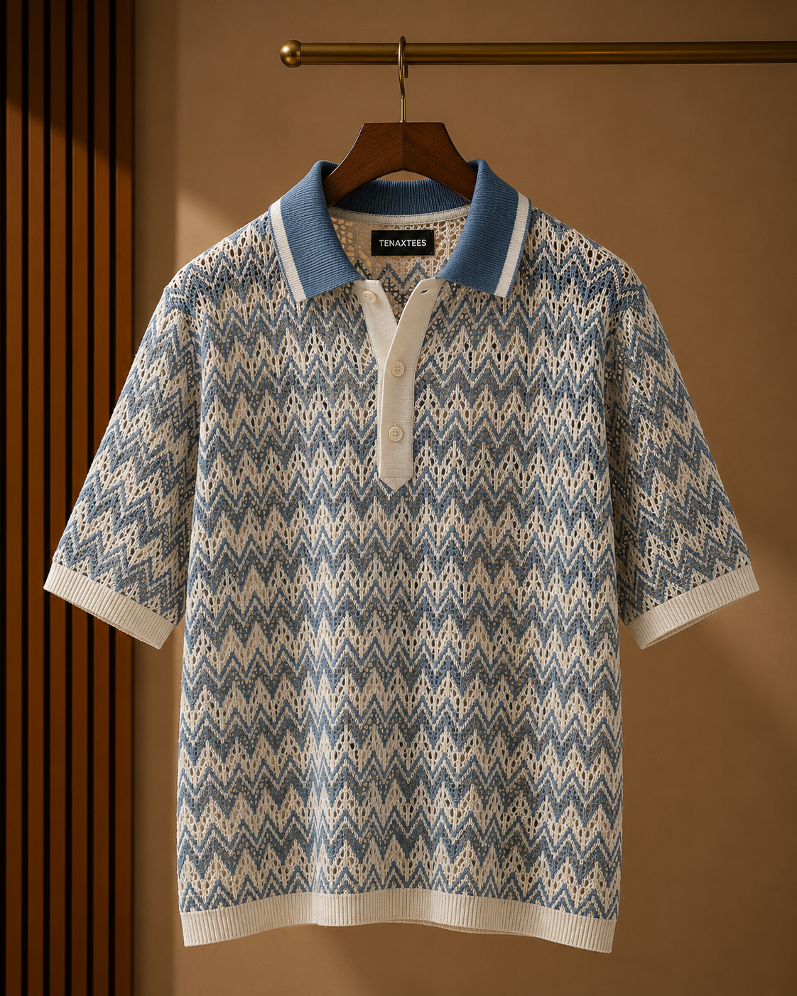 Men's Blue Regular Fit Open Knit Polo T-Shirt