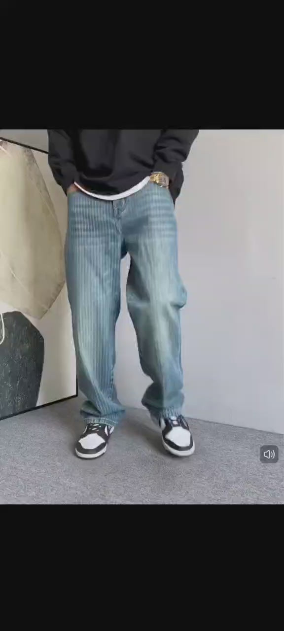 Men's Vintage Pinstripe Washed Blue Relaxed Fit Wide Leg Jeans