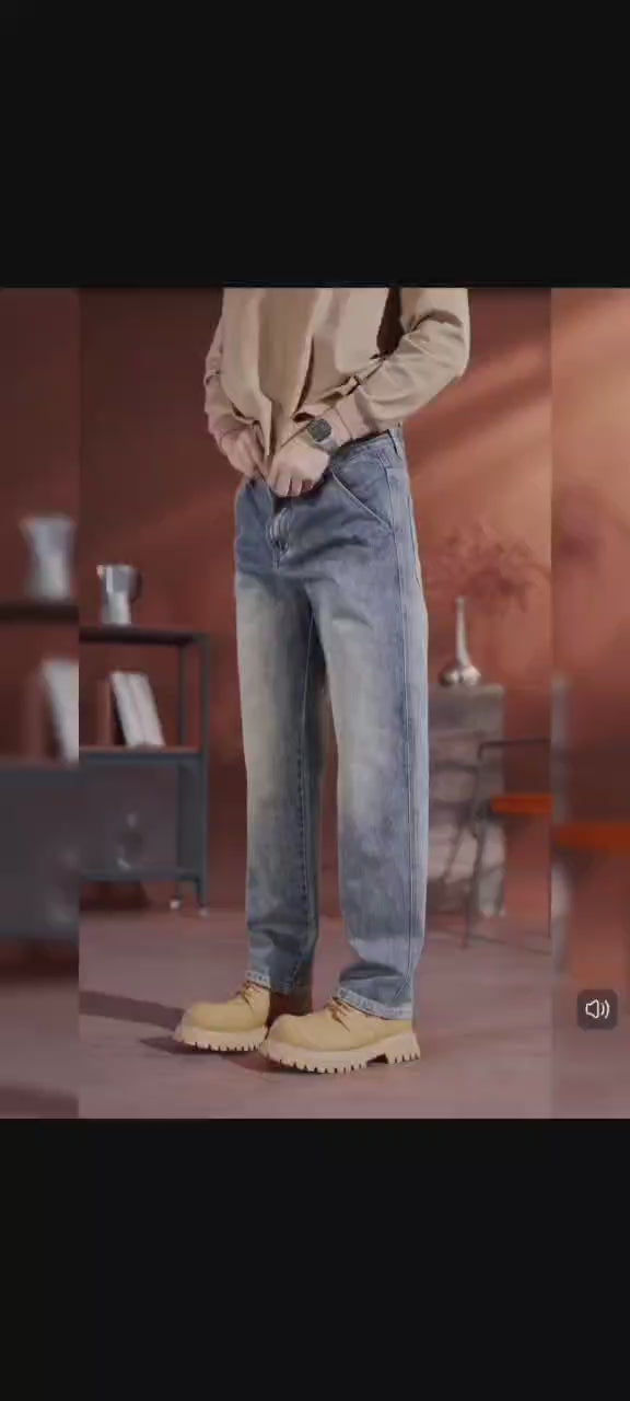 Men's Vintage Washed Blue Relaxed Fit Wide Leg Jeans