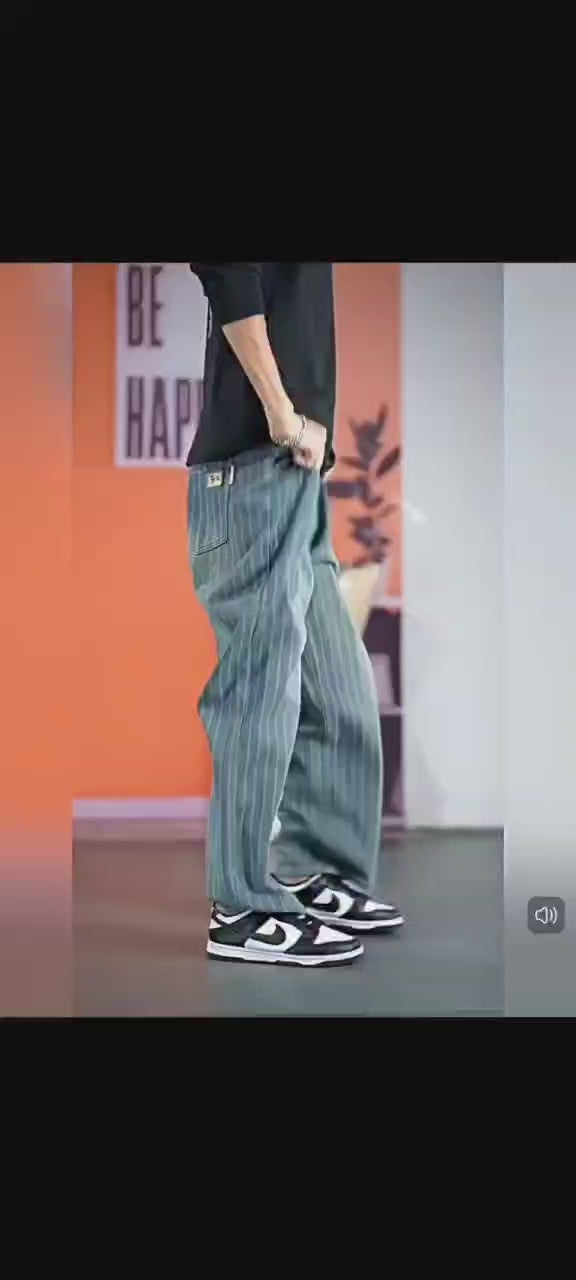 Men's Vintage Vertical Stripe Washed Blue Relaxed Fit Wide Leg Jeans