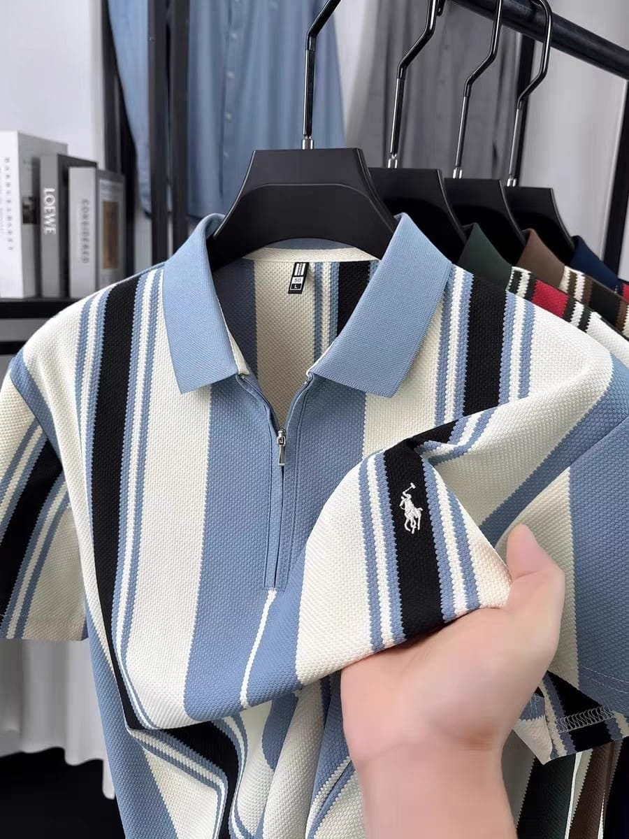 TENAXTEES Premium Vertical Stripe Zip Polo T-Shirt
