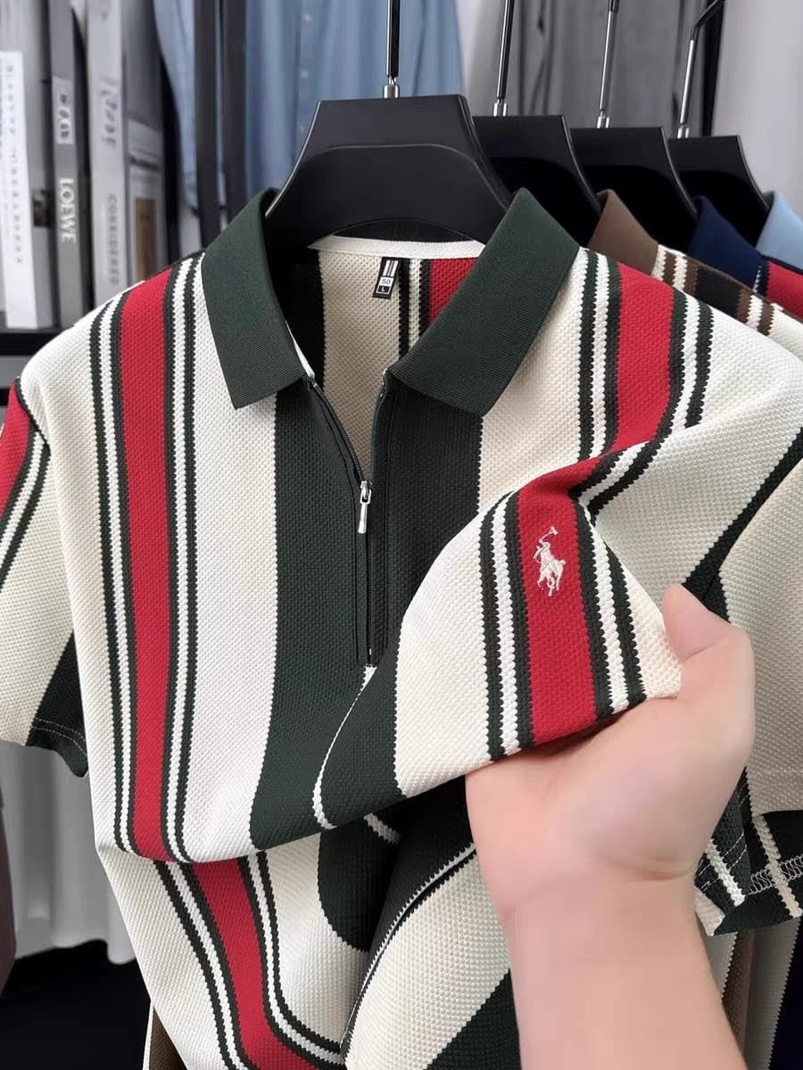 TENAXTEES Premium Vertical Stripe Zip Polo T-Shirt