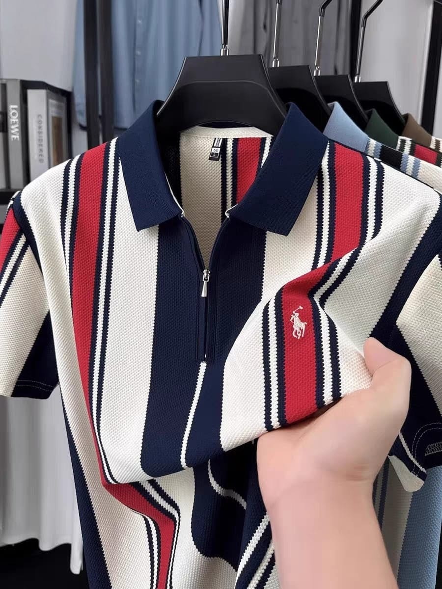 TENAXTEES Premium Vertical Stripe Zip Polo T-Shirt