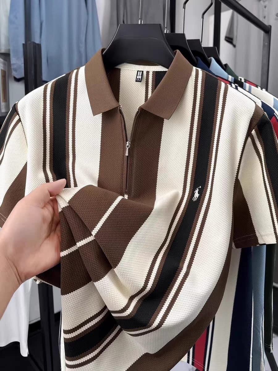 TENAXTEES Premium Vertical Stripe Zip Polo T-Shirt