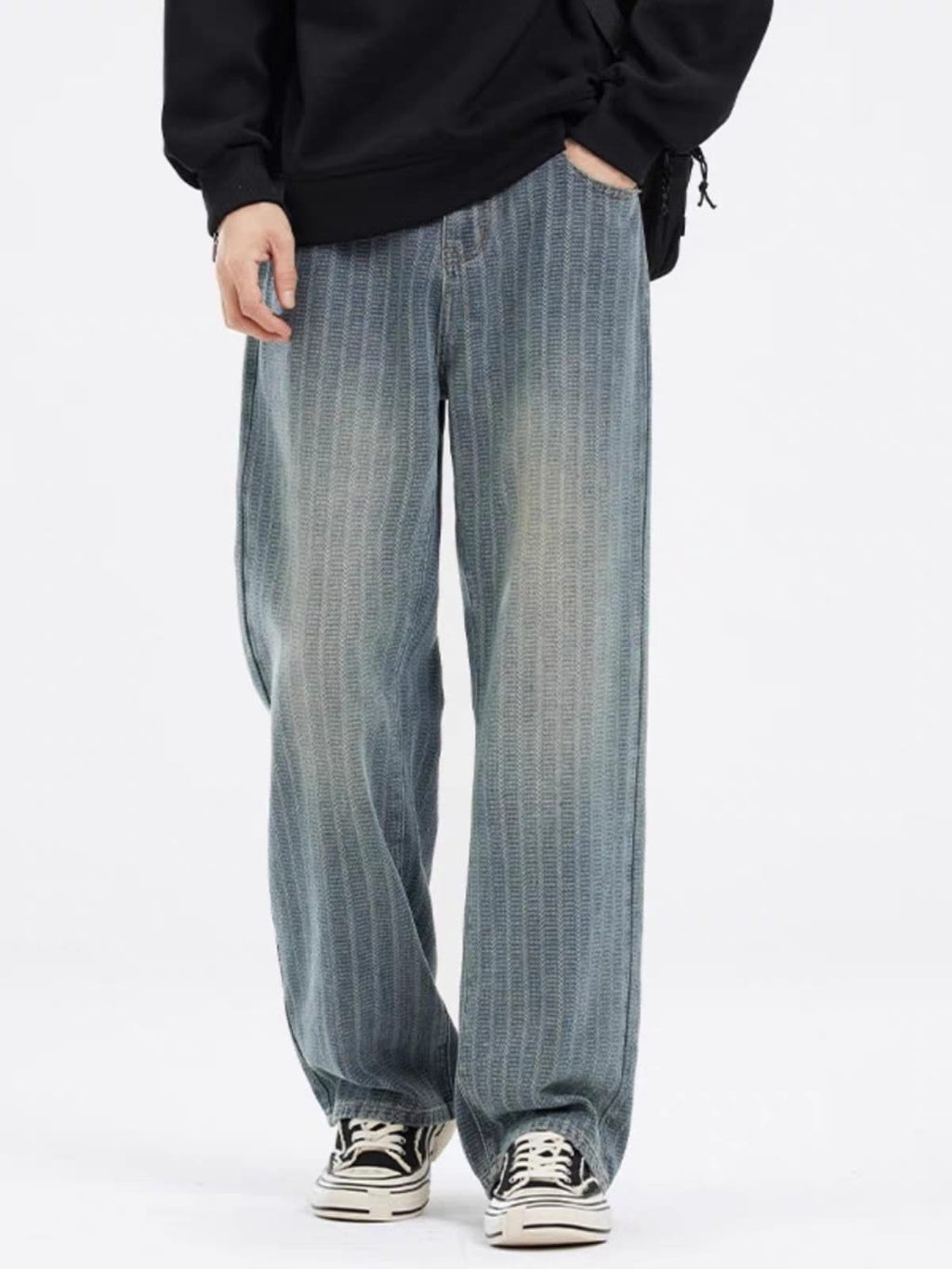 Men's Vintage Vertical Stripe Washed Blue Relaxed Fit Wide Leg Jeans