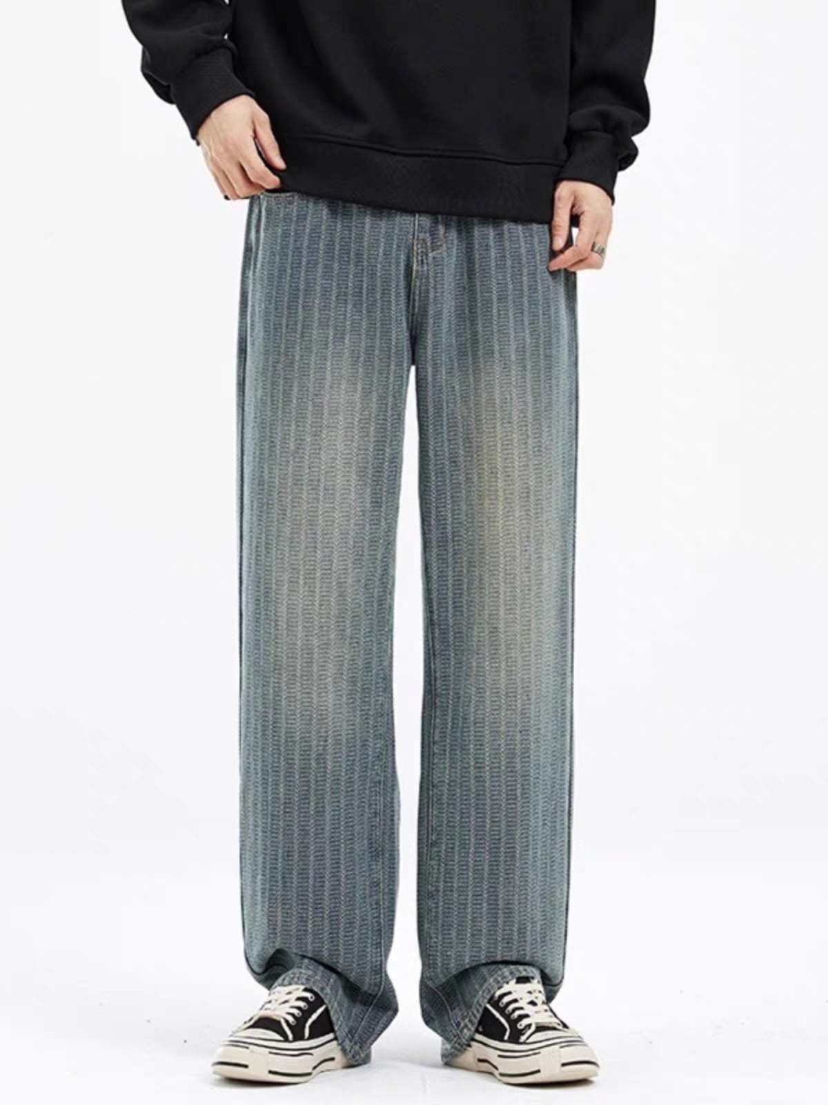 Men's Vintage Vertical Stripe Washed Blue Relaxed Fit Wide Leg Jeans