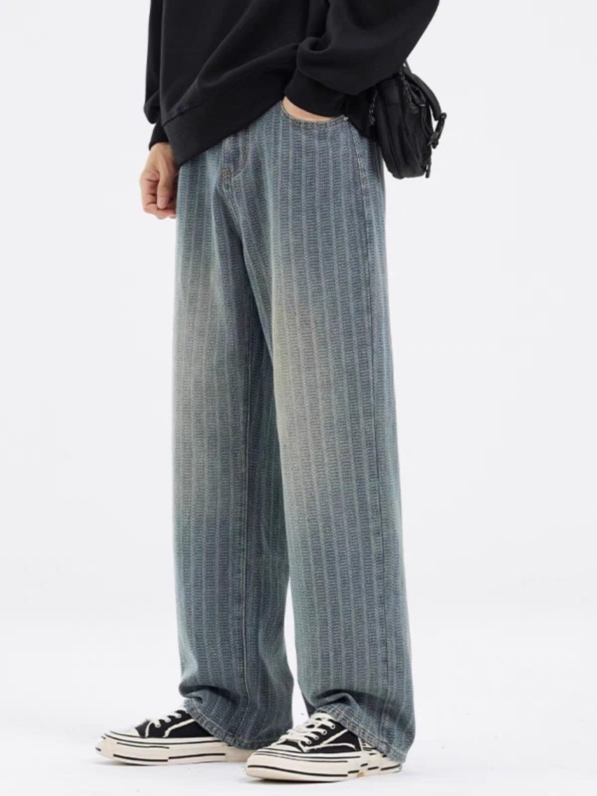 Men's Vintage Vertical Stripe Washed Blue Relaxed Fit Wide Leg Jeans