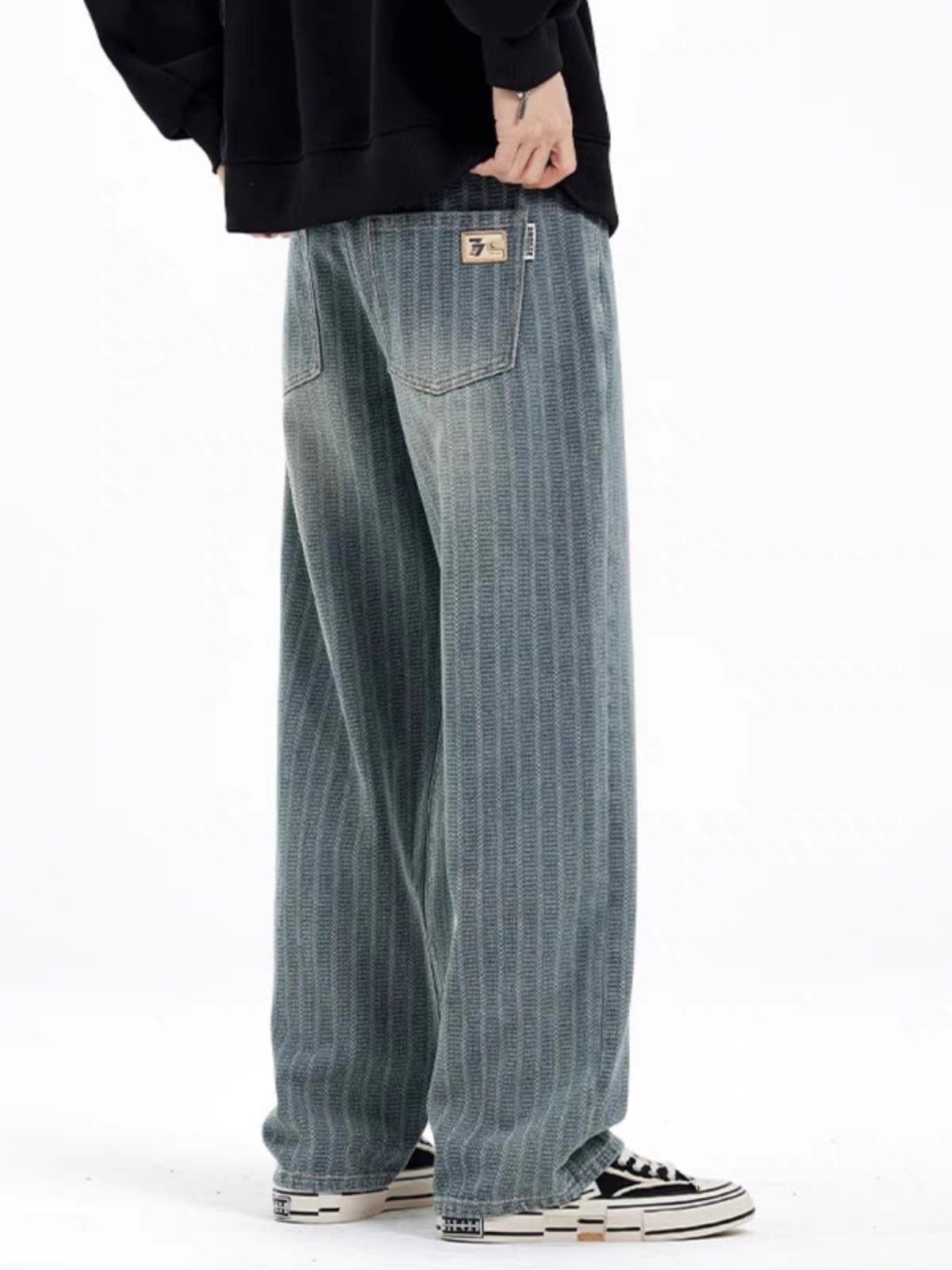 Men's Vintage Vertical Stripe Washed Blue Relaxed Fit Wide Leg Jeans